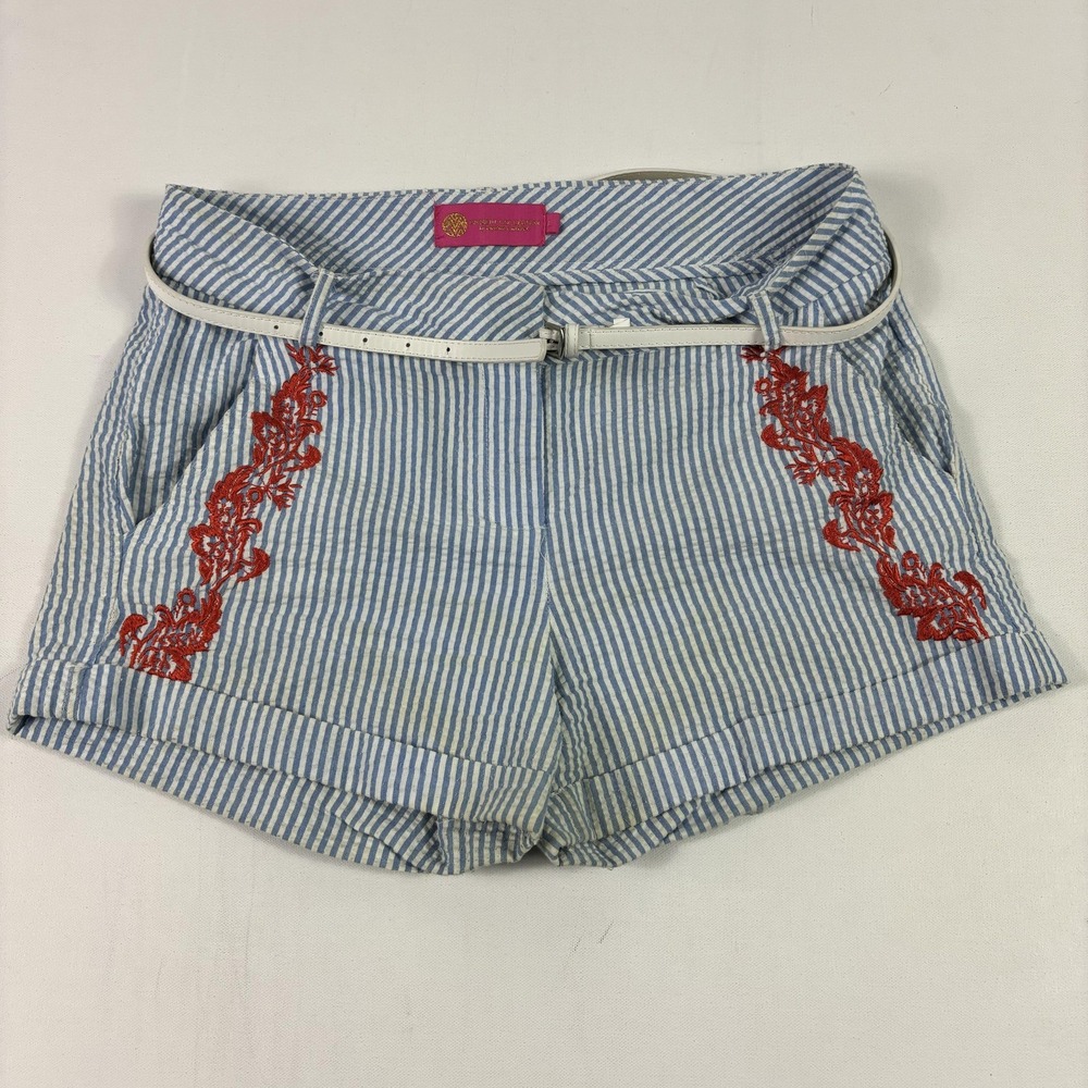 Macbeth Collection Shorts Womens L Blue Seersucker Chino Cuffed Embroidered